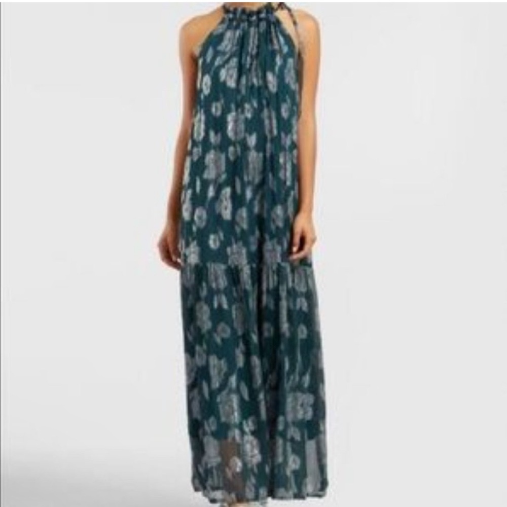 New World Market Maxi Sleeveless Green Silver Floral Print Garden Dress‎ SZ S/M